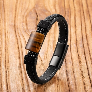 Bracelet en Cuir Tressé pour Hommes Avec Pierre Oeil de Tigre Onyx Naturelle Fermoir Magnétique en Acier Inoxydable Style Punk
