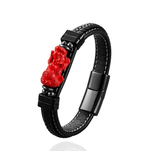 Handgefertigtes rotes Zinnober Pixiu Lederarmband für Herren mit schwarzem Magnetverschluss