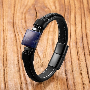 Bracelet pour homme en cuir tressé noir avec pierre œil de tigre bleue et fermoir magnétique