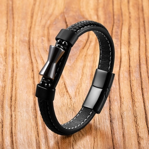 Bracelet pour homme en cuir noir tressé avec pierres oeil de tigre et fermoir magnétique