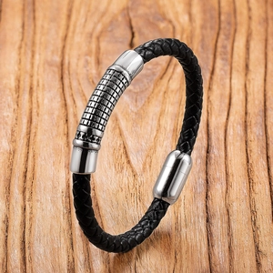 Men's nautical braided black leather anchor bracelet with polished steel magnetic clasp