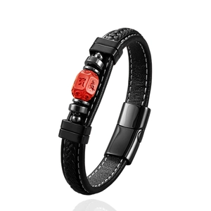 Handcrafted cinnabar lotus leather bracelet with engraved red bead and magnetic clasp
