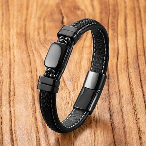 Bracelet tressé en cuir noir pour homme avec fermoir magnétique en acier inoxydable poli