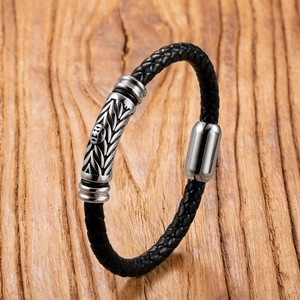 Mens punk woven leather bracelet with stainless steel nautical anchor and magnetic clasp