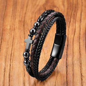 Herren Vintage Mehrlagiges Geflochtenes Leder Kreuz Stein Armband Punk Perlen Armband Schmuck Mit Magnetischem Edelstahlverschluss Geschenk