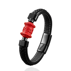 Men's woven black leather bracelet with red cinnabar mantra bead and magnetic steel clasp