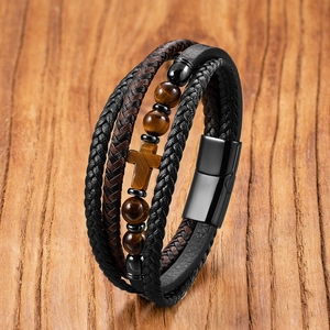 Men's Multi-layer Braided Leather Stone Bracelet With Cross Pendant Punk Vintage Jewelry Stainless Steel Magnetic Clasp