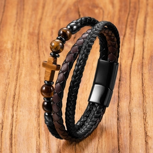 Mehrlagiges Punk Lederarmband für Herren mit Tigerauge Steinen und Kreuzanhänger