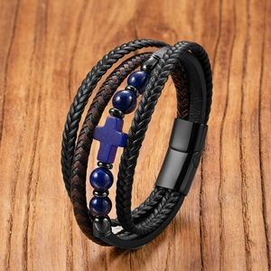 Men's multi-layer woven leather bracelet with blue tiger eye beads and cross charm