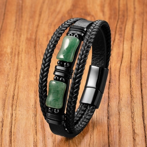 Men Multi Layer Braided Leather Rope Bracelet Natural Stone Beads Bamboo Shape Stainless Steel Magnetic Clasp Retro Fashion Jewelry