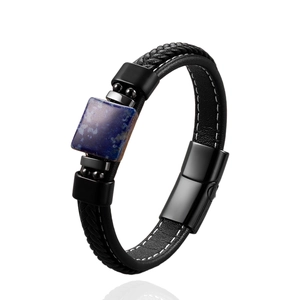 Bracelet pour hommes en cuir tressé avec pierre naturelle bleue et fermoir magnétique
