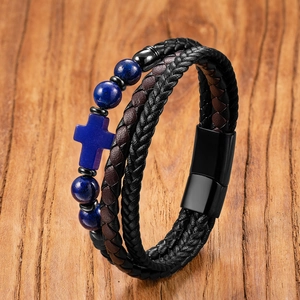 Punk Mehrschicht-Lederarmband für Herren mit Kreuzanhänger und blauen Steinperlen