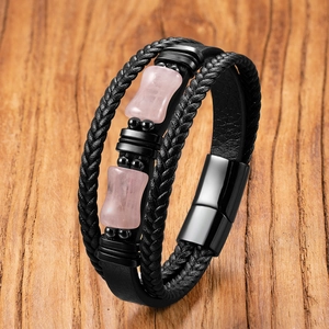 Multi-layer black braided leather bracelet with pink natural stones and magnetic clasp