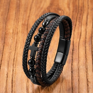 Men's multilayer leather bracelet with tiger eye beads and cross charm in punk style