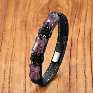 Fashion Natural Stone Leather Braided Bracelet For Men Women Stainless Steel Magnetic Buckle Bamboo Joint Bead Hip Hop Wristband Jewelry