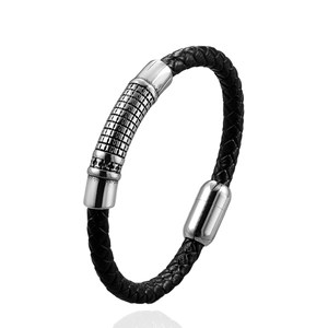 Mens black braided leather anchor bracelet with silver magnetic clasp and grid pattern detail
