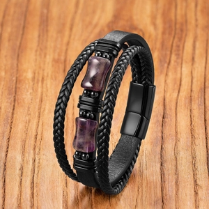 Men's multilayer black leather bracelet with bamboo metal rings and purple stone accents