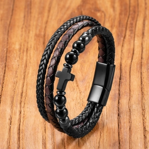 Mehrlagiges Punk-Kreuz-Armband für Herren mit Ledergeflecht und Steinen auf Holz