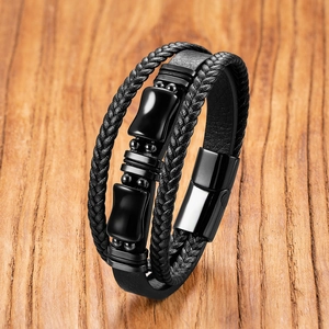 Men's multilayer black leather bracelet with bamboo metal accents and magnetic clasp