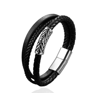 Mehrlagiges schwarzes geflochtenes Lederarmband für Herren mit Edelstahl Magnetverschluss
