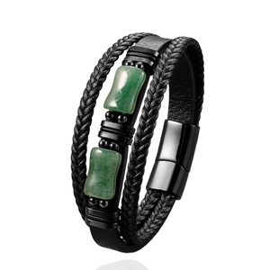 Men's multi-layer black leather bracelet with green stone beads and magnetic metal clasp