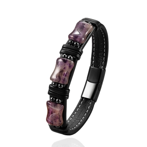 Men's leather bracelet with purple stones and black magnetic stainless steel clasp