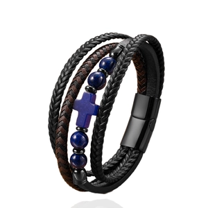 Men's multi-layer braided leather bracelet with blue cross and tiger eye stone beads