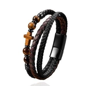 Herren Punk Mehrlagen-Lederarmband mit Tigerauge-Kreuz und schwarzem Magnetverschluss