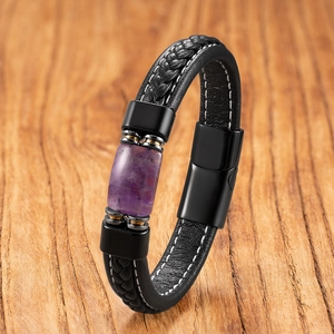 Vintage Men Leather Braided Bracelet Natural Stone Beads Stainless Steel Magnetic Clasp Fashion Unisex Wristband Jewelry