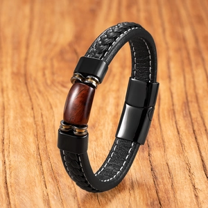 Men's double-layer black braided leather bracelet with brown wood bead and metal clasp