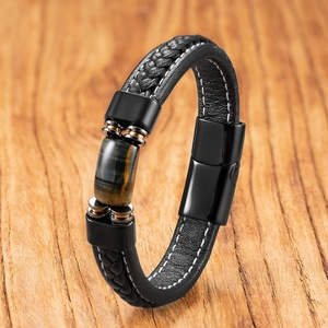 Men's black braided leather bracelet with tiger eye stone and matte magnetic clasp