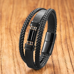 Men's multi-layer tiger eye bracelet with black woven leather and magnetic buckle