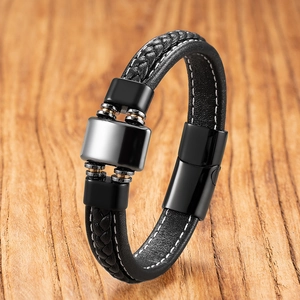 Men's black braided leather bracelet with square magnetic buckle and polished metal