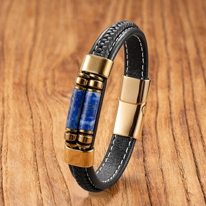 Braided black leather bracelet for men with blue natural stones and magnetic clasp