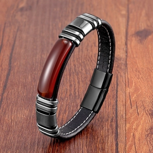 Men's vintage black leather bracelet with red gemstone and stainless steel magnetic clasp