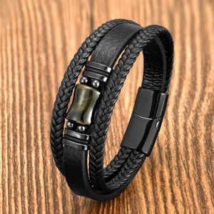 Classic tiger eye stone mens multilayer black leather bracelet with magnetic steel clasp