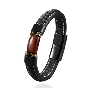Men's woven black leather bracelet with red tiger eye stone and magnetic clasp