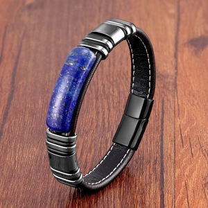 Vintage Men's Leather Bracelet With Natural Stone And Stainless Steel Magnetic Clasp Fashion Handcrafted Jewelry Gift