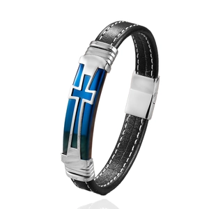 Heren lederen armband met kruis en blauwe spiegel roestvrijstalen magneetsluiting