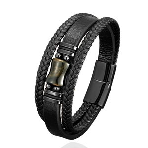 Men's punk style multi-layer black leather bracelet with tiger eye stone and magnetic clasp