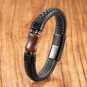 Men's multilayer braided leather bracelet with natural stone and magnetic steel clasp