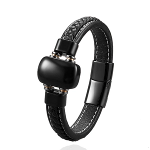 Classic men's braided leather bracelet with geometric stone element and magnetic clasp