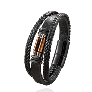 Men's multilayer braided black leather bracelet with tiger eye stone and magnetic clasp