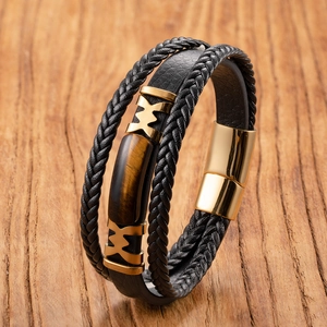 Bracciale da Uomo Vintage in Pietra Occhio di Tigre in Pelle Multistrato Acciaio Inossidabile Chiusura Magnetica Corda Intrecciata a Mano Gioielli di Moda