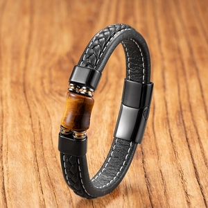 Mens braided leather bracelet with tiger eye stone and black magnetic steel clasp