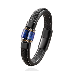 Bracciale da uomo in pelle intrecciata nera con pietre naturali blu e chiusura magnetica