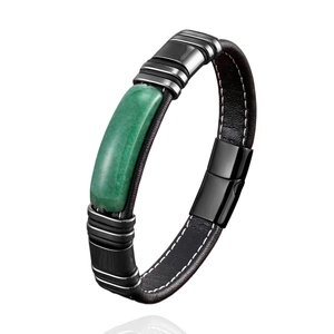 Men's vintage black leather bracelet with green stone and magnetic stainless steel buckle