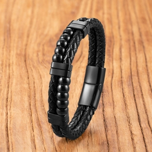 Bracciale da Uomo di Tendenza in Acciaio Inossidabile e Pelle Intrecciata Punk Doppio Strato con Perline Nere Gioielli Street
