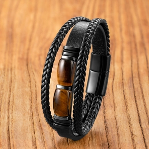 Bracciale multistrato in pelle intrecciata da uomo con pietre occhio di tigre e chiusura