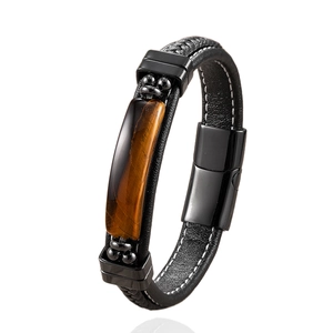 Men's woven leather bracelet with tiger eye stone and black magnetic steel clasp